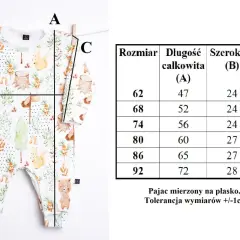 Tabela rozmiarów ubranek dziecięcych z wymiarami: długość całkowita (A), szerokość (B) i rękaw (C). Wymiary podane w cm.