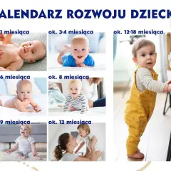 Kolekcja zdjęć ilustrująca rozwój dziecka od 1 miesiąca do 1,5 roku, pokazująca jego postępy.