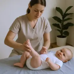 Fizjoterapeuta dla niemowląt delikatnie masuje nóżki maluszka, wspierając jego rozwój.