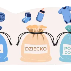 Trzy torby: "Mama", "Dziecko", "Powrót do domu". Nad nimi akcesoria: klapki, kocyk, skarpetki, butelka, body, kombinezon. Gotowość na spowijanie noworodka.