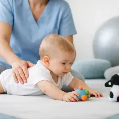 Niemowlę ćwiczy, by zniwelować wzmożone napięcie obręczy barkowej. Terapeuta delikatnie wspiera malucha, który sięga po zabawki.