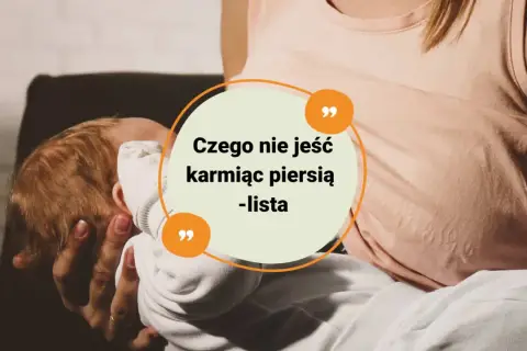 Karmiąca mama z dzieckiem. W okręgu tekst: "Czego nie jeść karmiąc piersią - lista".