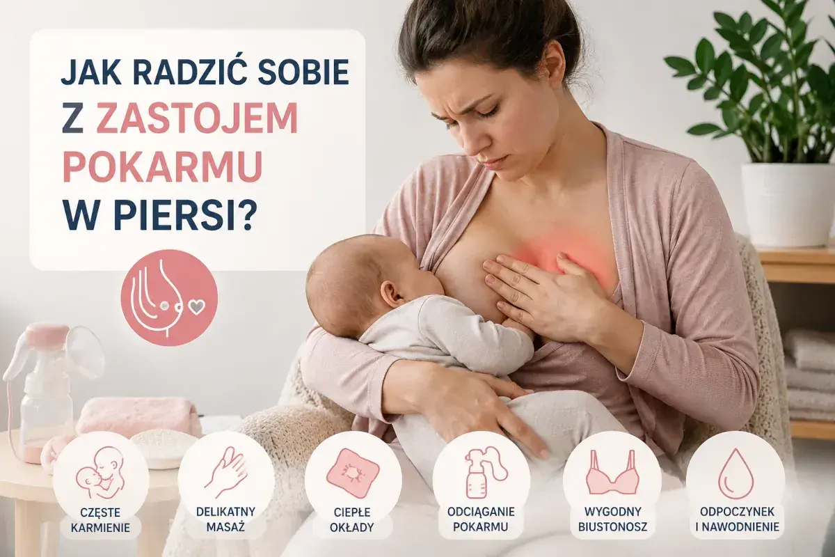 Kobieta karmi dziecko, odczuwając ból z powodu zastoju pokarmu w piersi. Wskazówki: częste karmienie, masaż, ciepłe okłady, odciąganie, wygodny biustonosz, odpoczynek.