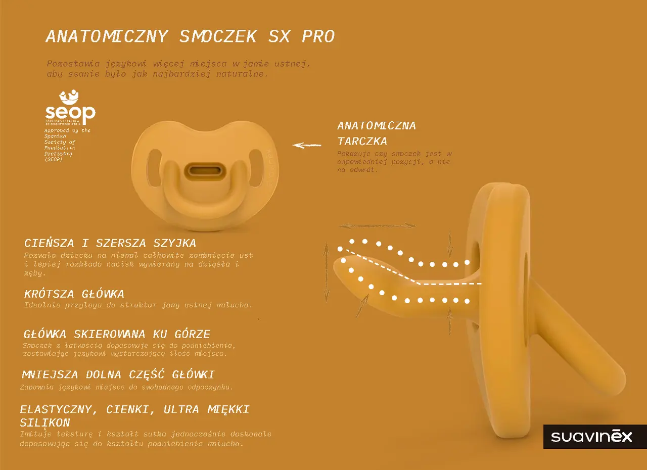 Anatomiczny smoczek Suavinex SX Pro, który jest smoczkiem fizjologicznym, z cienką szyjką i krótszą główką.