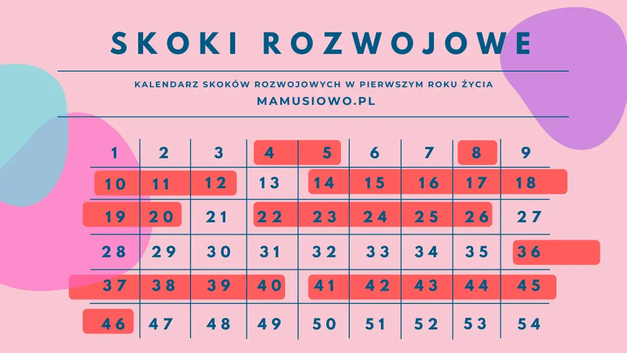 Kalendarz skoków rozwojowych u dziecka w pierwszym roku życia. Kolorowe pola z numerami tygodni wskazują kluczowe momenty rozwoju.