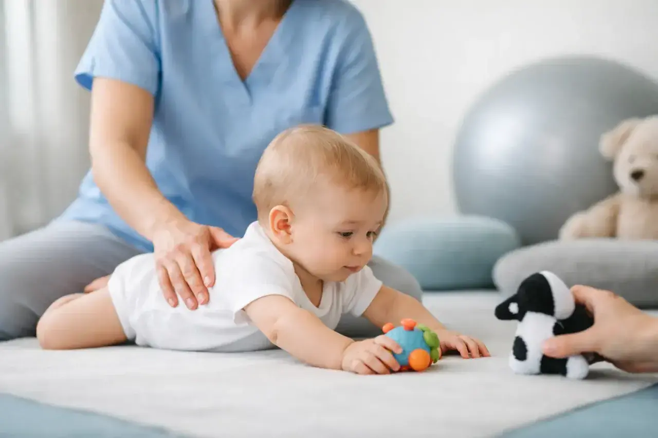 Niemowlę ćwiczy, by zniwelować wzmożone napięcie obręczy barkowej. Terapeuta delikatnie wspiera malucha, który sięga po zabawki.