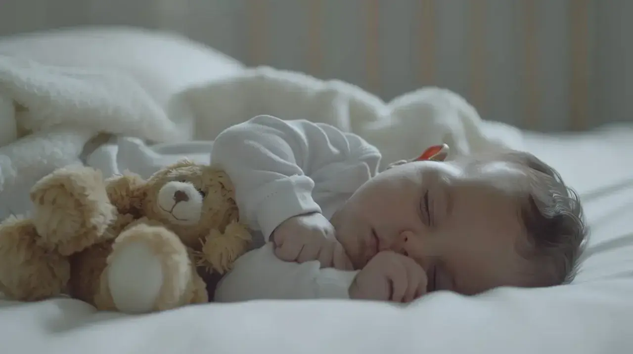 Śpiący noworodek z misiem. Czasem kolki u noworodka a kupka są powiązane, ale teraz maluch odpoczywa.