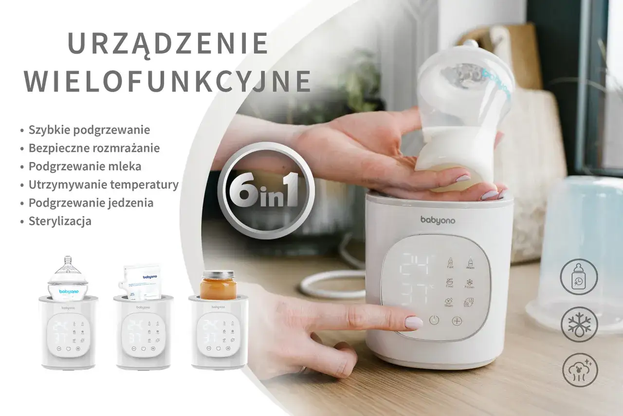 Wielofunkcyjne urządzenie Babyono podgrzewa mleko i jedzenie, rozmraża, utrzymuje temperaturę i sterylizuje. Zapomnij o mikrofali, to bezpieczniejsze!