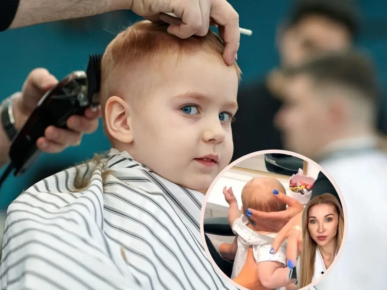 Chłopiec z niebieskimi oczami u fryzjera, kiedy dziecku gęstnieją włosy. W tle widać inne dzieci i kobietę.