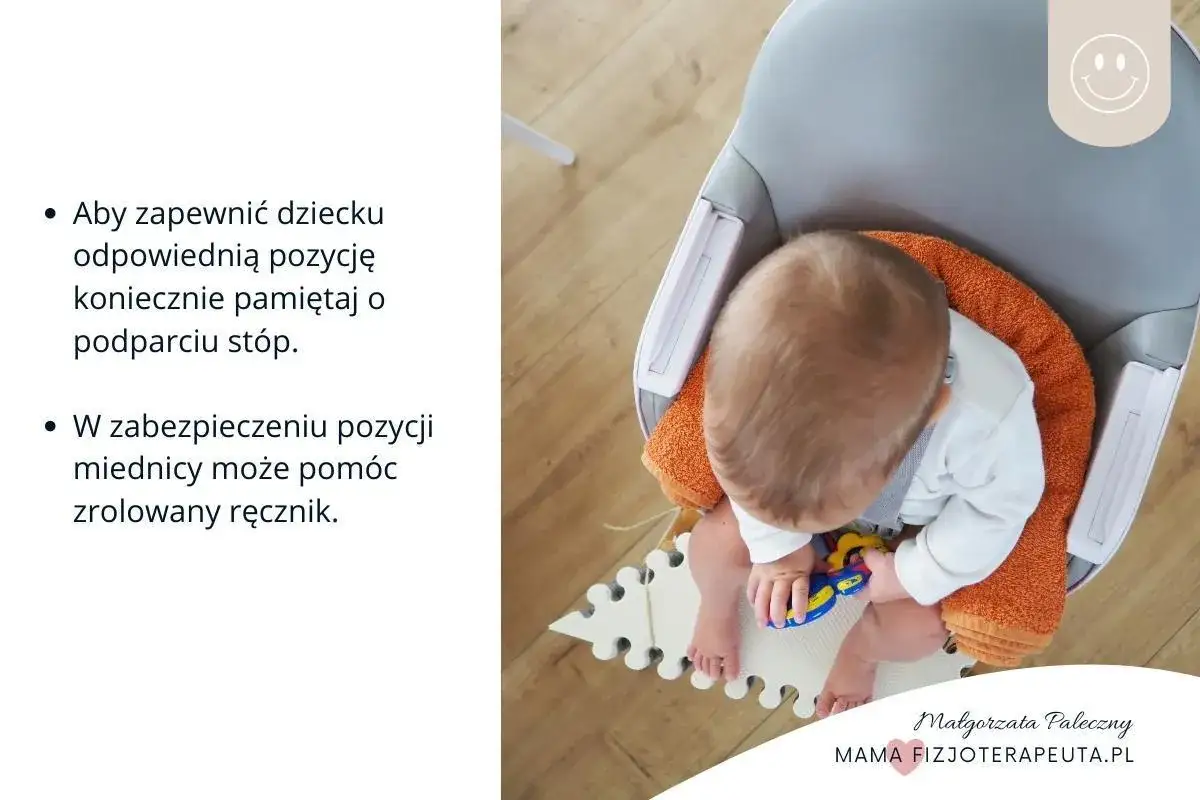 Dziecko w krzesełku do karmienia od kiedy? Ważne jest podparcie stóp i miednicy, by zapewnić prawidłową pozycję.