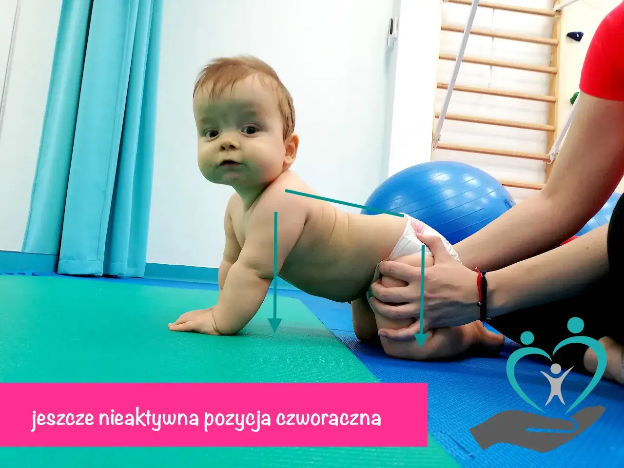Niemowlę na macie, przygotowujące się do raczkowania, z zaznaczoną pozycją czworakowania.