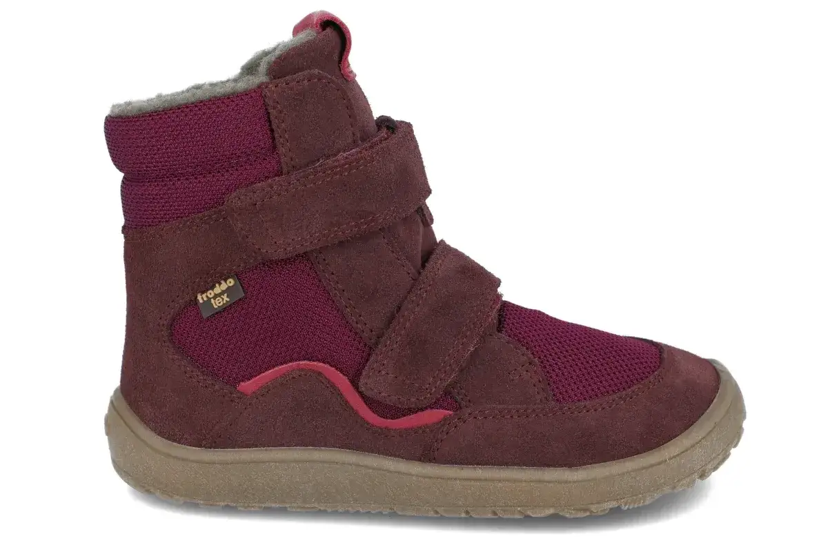 Bordowe, wysokie buty zimowe Froddo Tex na rzepy, idealne na pierwsze zimowe przygody malucha.