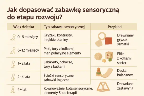 Tabela pokazuje, jak dopasować zabawki sensoryczne do wieku dziecka: od gryzaków dla niemowląt po zestawy SI dla starszych.